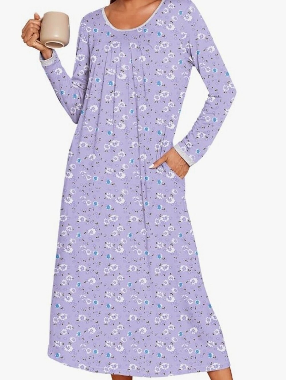 Ekouaer Long Nightgown Large NEW Purple -Floral -Longsleeve -Pockets -Loungewear